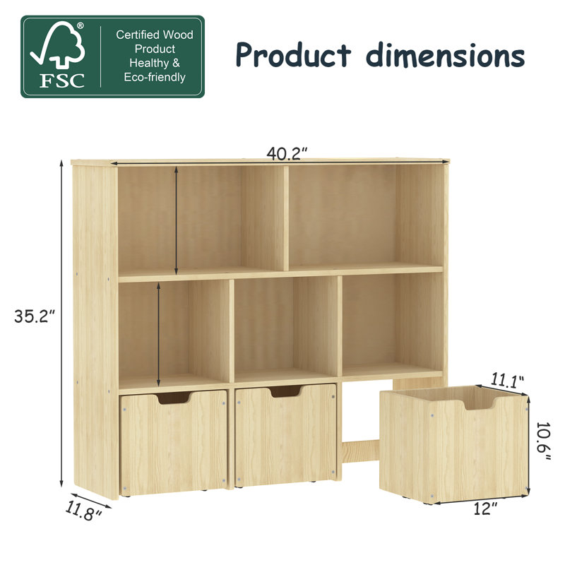 Solid Wood Toddler Bookcase with 3 Movable Drawers on Wheels - Kids Storage & Toy Organizer