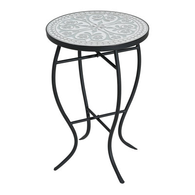 Outdoor Round Side Table Mosaic-Style Top Curved Iron Legs, 21.4"W x 13.75"D x 13.75"H, Metal, 1 pc, Side Table, Grey+Black