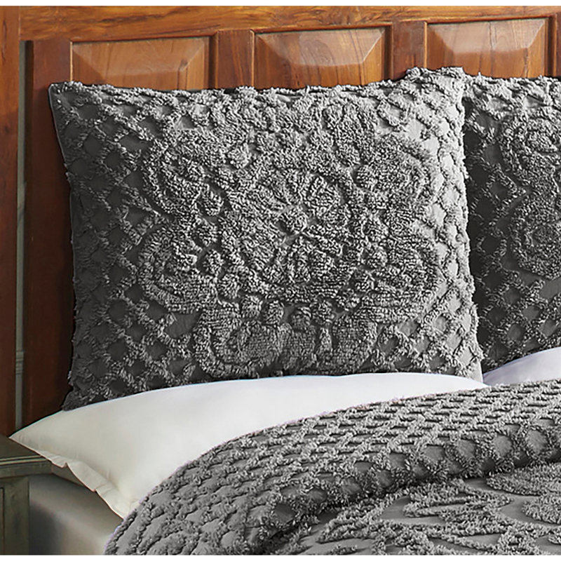 Ensemble de couvre-lit en chenille Trevor pour lit simple, ensemble de couvre-lit 100% coton avec 1 taie décorative standard, literie traditionnelle héritage texturée, confort toutes saisons respirant, certifié OEKO-TEX, gris
