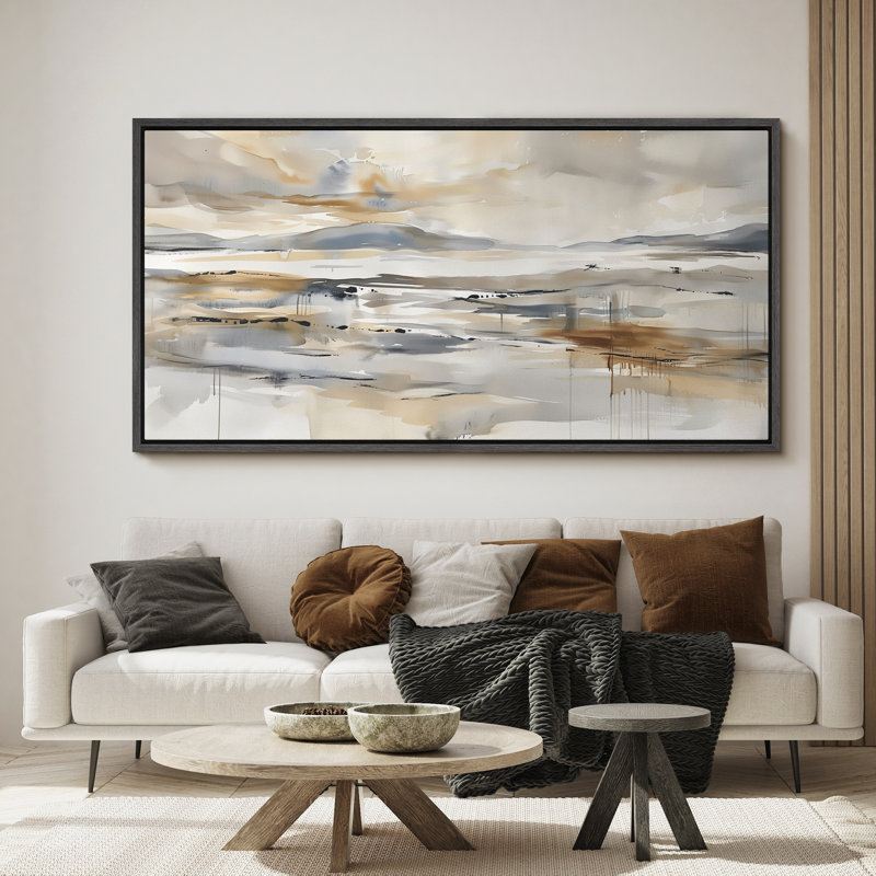 «Abstract Landscape Reflection», toile encadrée à l'aquarelle neutre, H 30 po x l 60 po, Noir