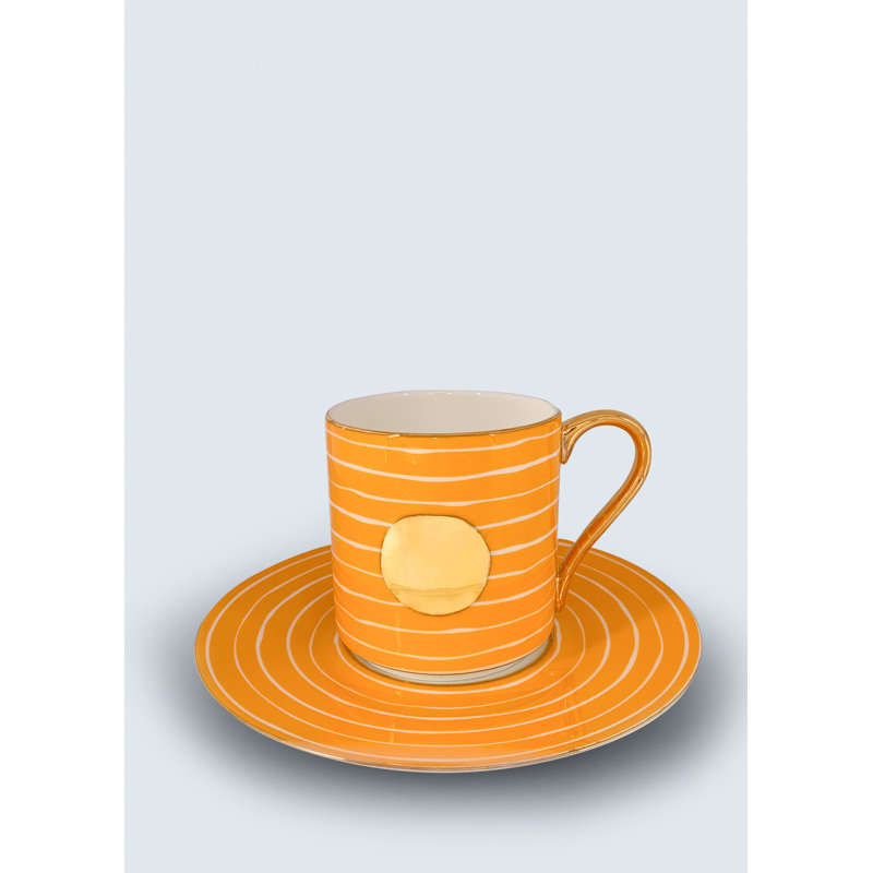 Tasse avec soucoupe - 8 oz, Jaune; blanc; or