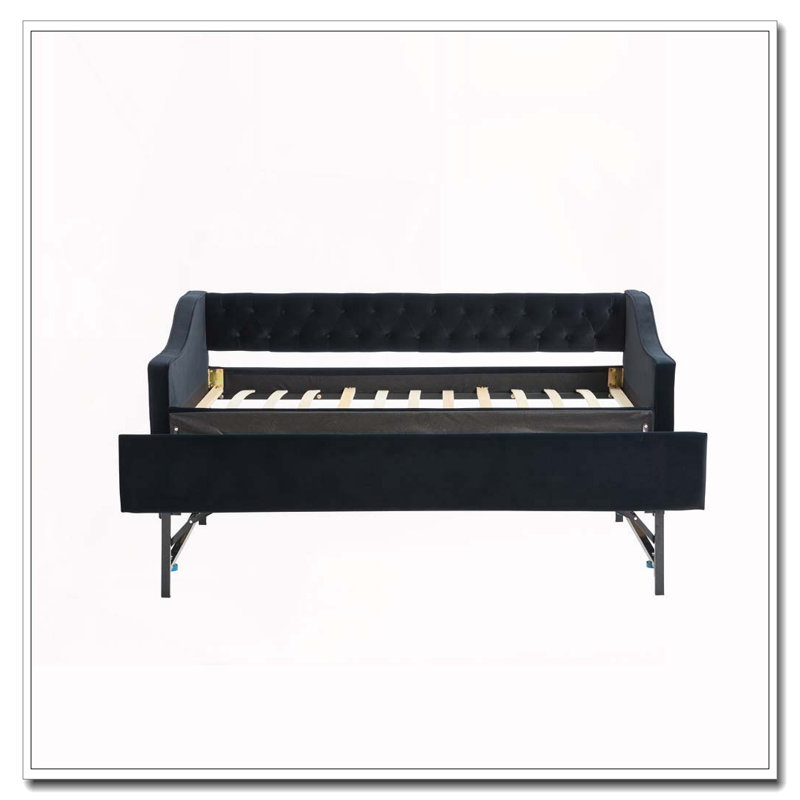 Upholstered Daybed with Trundle,USB Port ,Side Pockets,Velvet Daybed with Button on Back and Piping on Waved Shape Arms