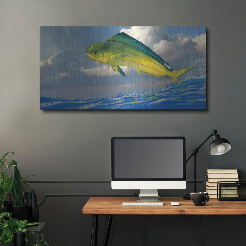 Beachcrest Home ™ «Chicken Fight - Mahi Mahi» par Mark Mueller, art animalier mural en métal, H 24 po x l 48 po