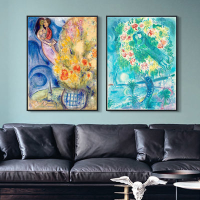 Reproduction d'art numérique sur toile encadrée, 2 pièces par Marc Chagall, série d'art mural n ° 03 pour les décorations de bureau à domicile (cadre de couleur bois mince, 18 po x 24 po chaque pièce)