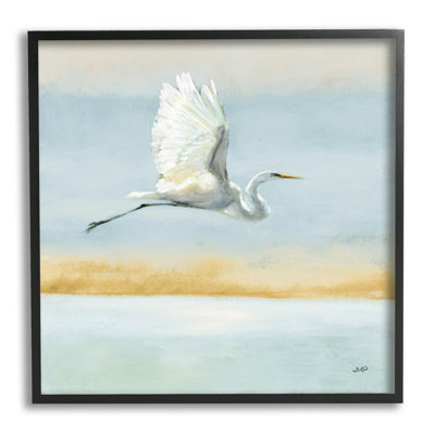 Egret Bird Flying Ocean Breeze Black Framed Giclee Texturized Wall Art by Julia Purinton