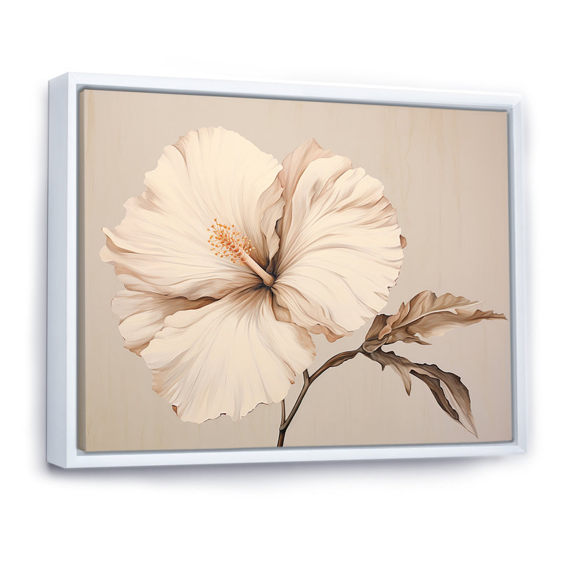 «Beige minimalisme», impression d'hibiscus sur toile, Cadre flottant blanc, H 12 po x l 20 po x P 1 po