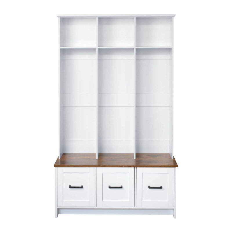 40.2" Wide Hall Tree with 3 Shelves and Drawers,Storage Bench, White