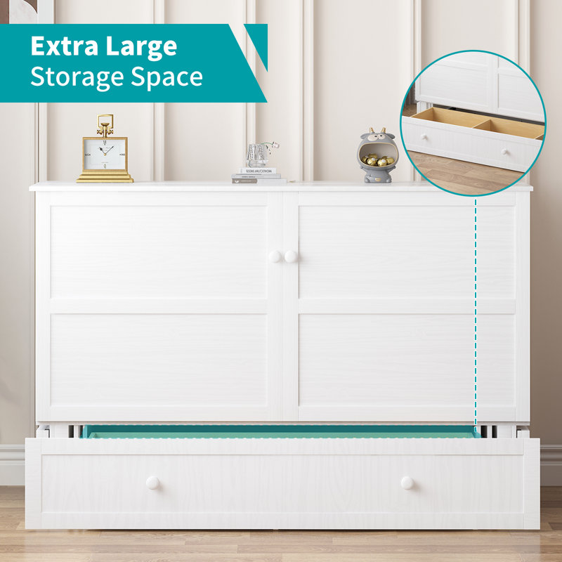 Queen Murphy Bed Cabinet with Storage Drawer,Space-Saving Wall Beds for Home, Office, Guest Room, White