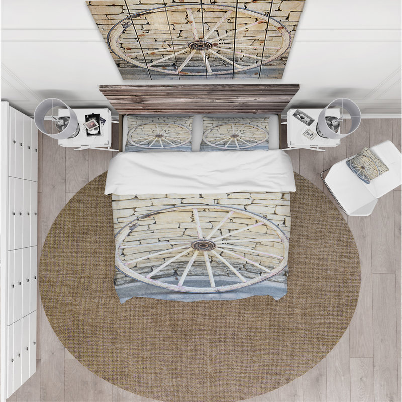 Old Vintage Broken Wood Wheel - Ensemble de housse de couette paysage - Microfibre de polyester
