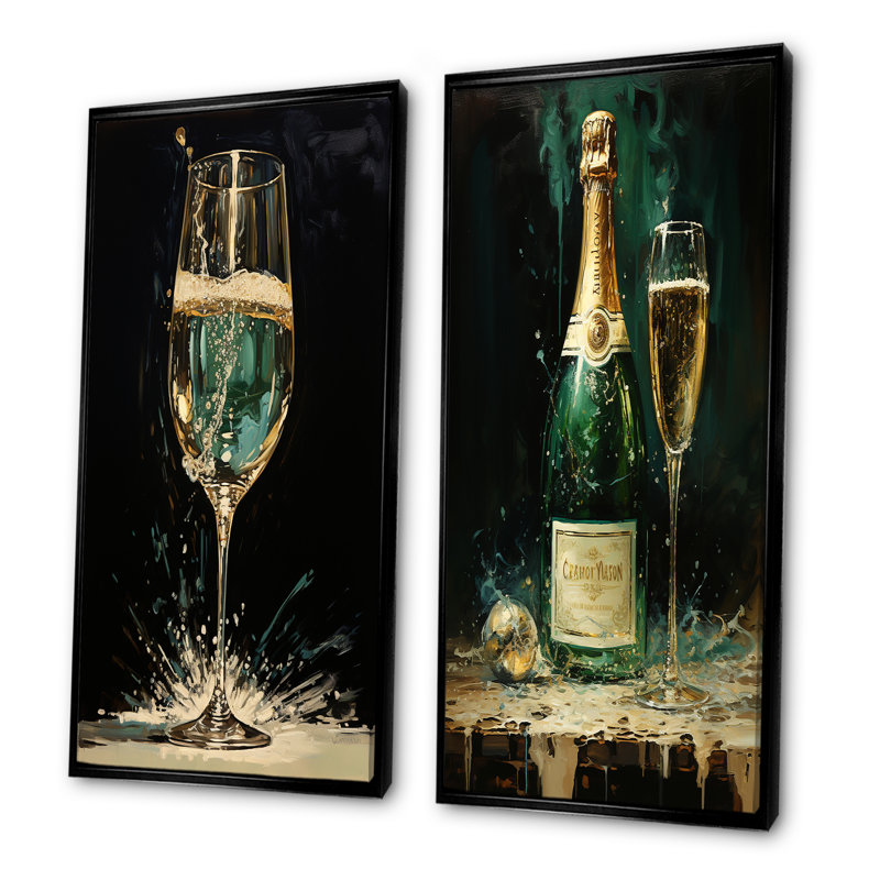 «Gold and Emerald Champagne Dream», ensemble d'art mural sur toile champagne, Cadre flottant noir, H 40 po x l 41 po