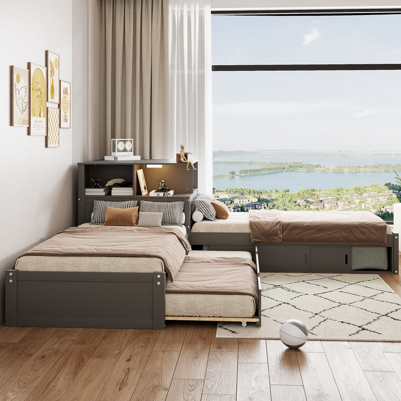Lit plateforme simple en L avec lit gigogne, gris