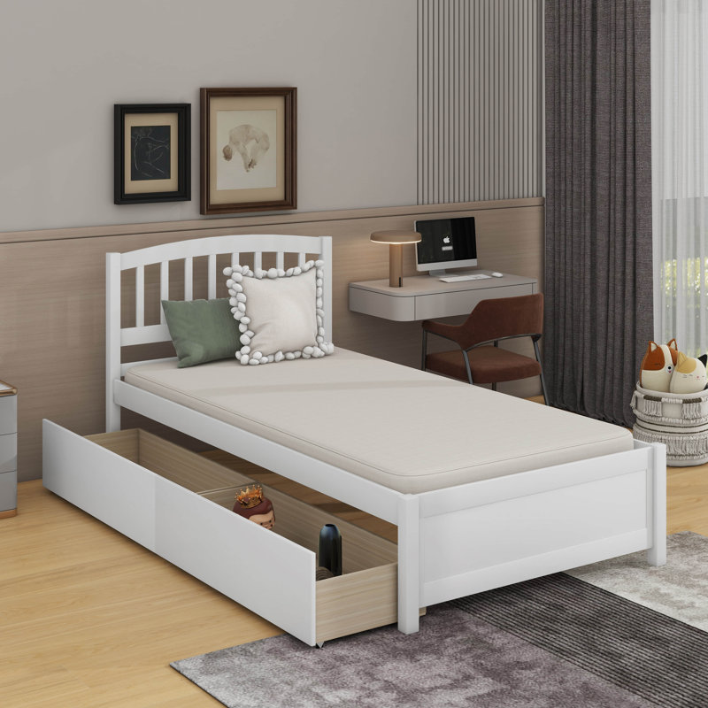 Lit plateforme simple avec 2 tiroirs et tête de lit, Blanc