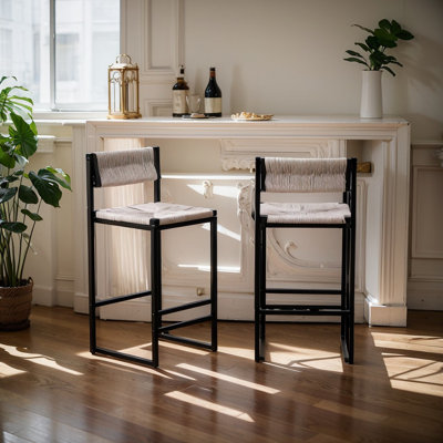 Set of 2 Paper Cord Woven Back Bar Stools