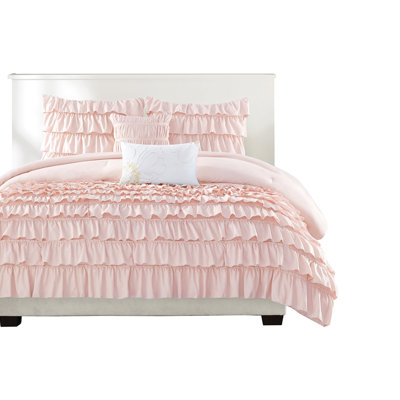 Twin/Twin Xl Blush Ruffle Comforter With Ruffled Bottom And Pillows Decorative Items