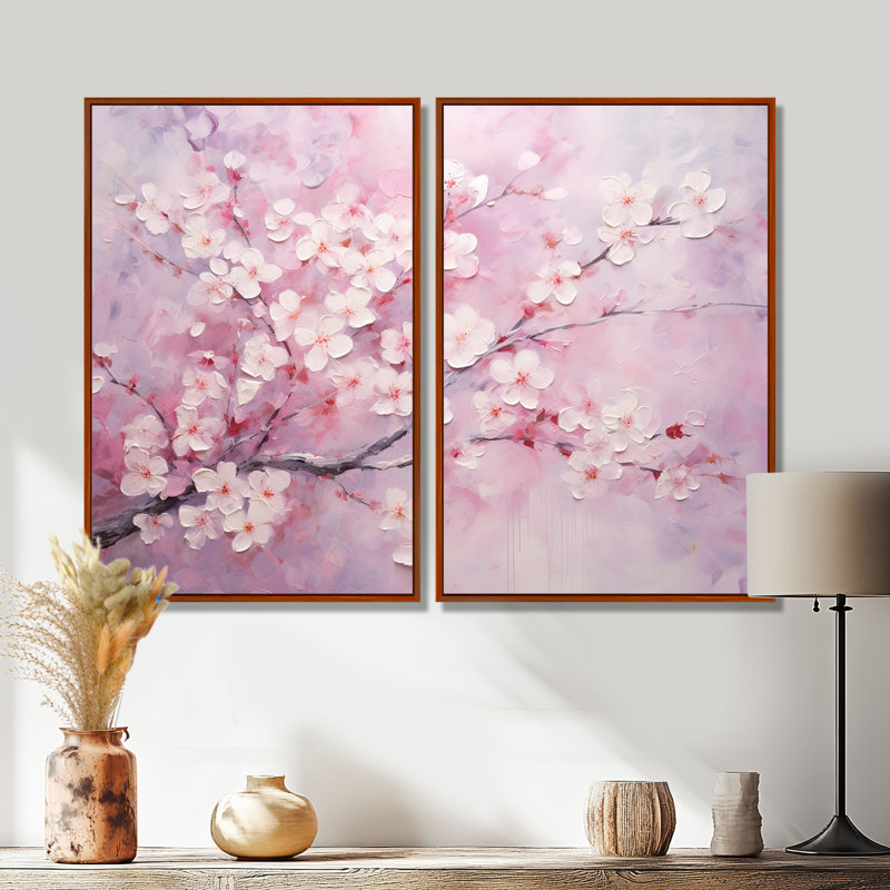 Minimalisme rose cerise Bliss Tree - Art mural floral cerisier en fleurs, 36" H x 48" W, Impression encadrée flottante, Brown
