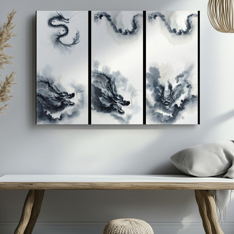 Toile, création d'une série de quatre panneaux verticaux avec art mural stylisé éthéré Dragons dans un style à encre monochromatique