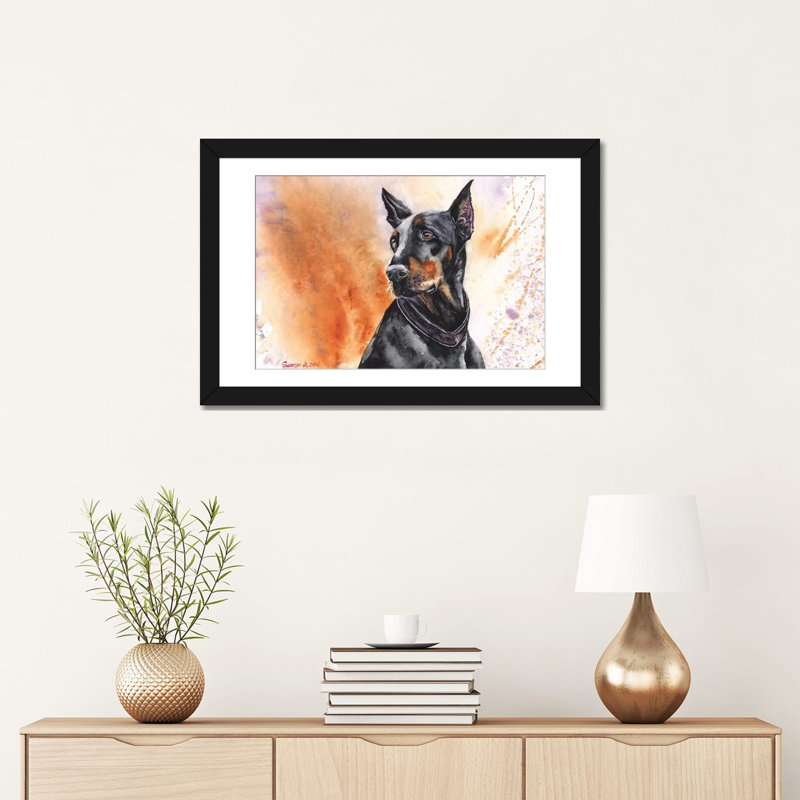 « doberman », reproduction sur toile, Papier d'art encadré noir, H 24 po x l 32 po x P 1 po, Blanc