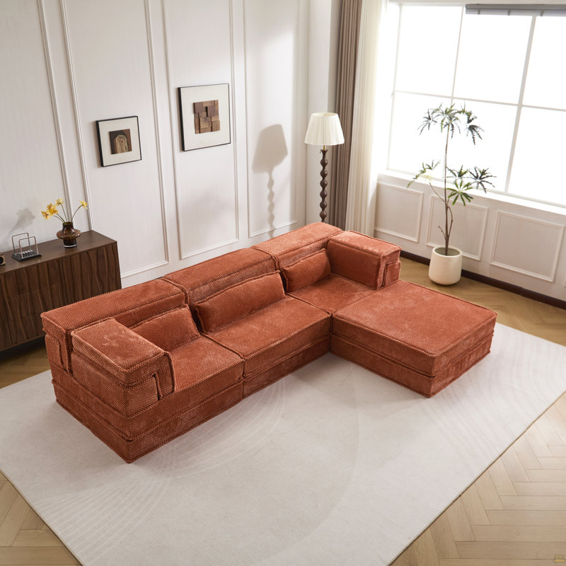 Compression Mahjong Sofa,Convertible Floor Sofa Bed,Diy Boneless Modular Sectional Sofa,No Assembly Required, Orange Fabric