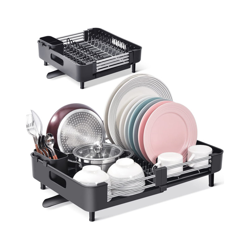 Black Stainless Steel Foldable Dish Rack with Utensil Cup