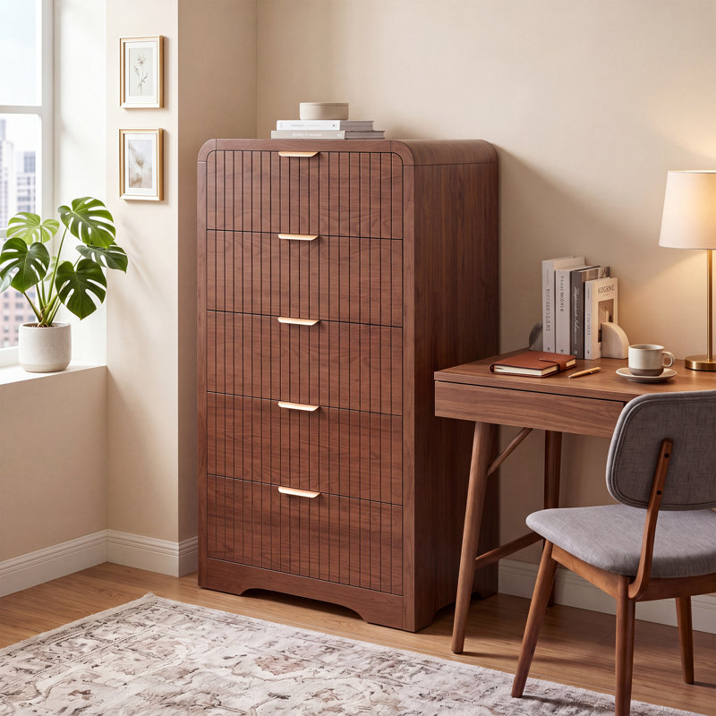 Modern Drawers Dresser for Bedroom, Wide Wood Dressers & Chests of Drawers w/Curved Profile Design, Walnut, 5