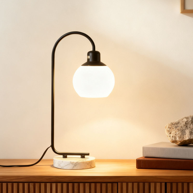 20“ Spherical Glass Lampshade and Marble Table Lamp , Bulb Included, Black/White