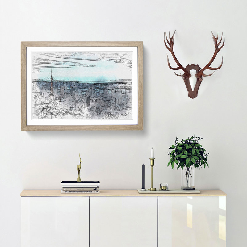 Tokyo Tower & Japan Skyline in Abstract - Picture Frame Graphic Art Print, 40cm H x 60cm W x 2cm D, Oak