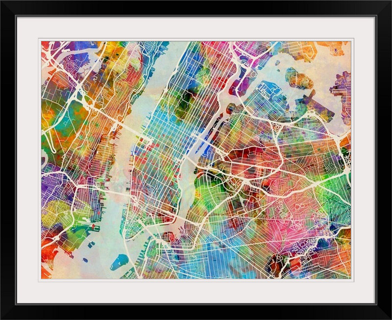 «New York City Street Map» par Francy, impression d'art graphique, H 26 po x l 32 po x P 1 po, Cadre noir