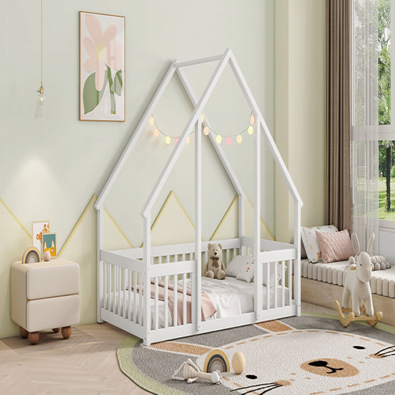 Twin Wooden Frame Material House-Shaped Floor Bed Frame With Fence, Guardrails, Twin, White
