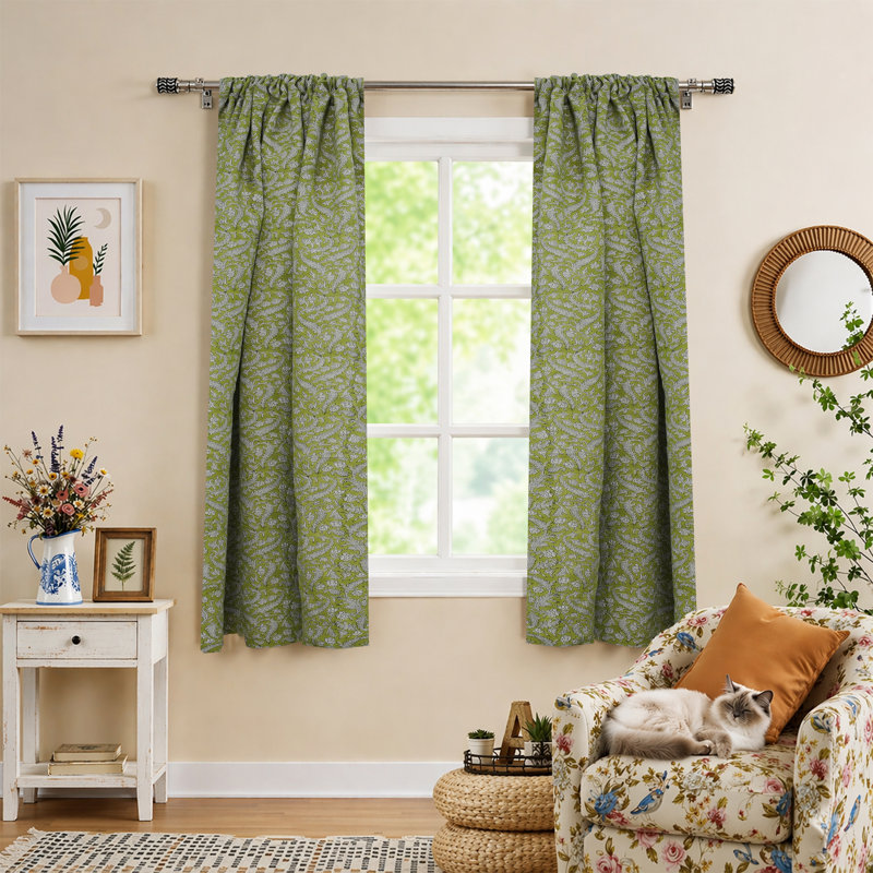Block Print Rod Pocket Curtain Green Floral Linen Farmhouse Window Drapes for Living Room & Bedroom – Blackforest