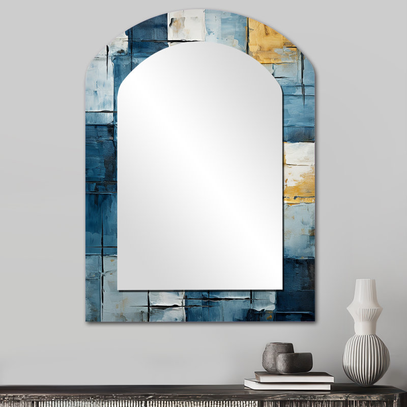 Cerulean Cubism Shapes I - Abstract Shapes Asymmetrical Large Mirror, Modern Arch Unique Wall Mirror Decor, Printed Metal Art