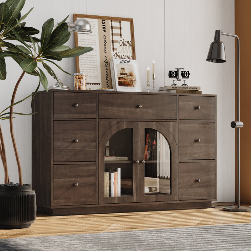 Marenza Contemporary  Wood Sideboard With Glass Cabinet And Drawers, Dark Brown