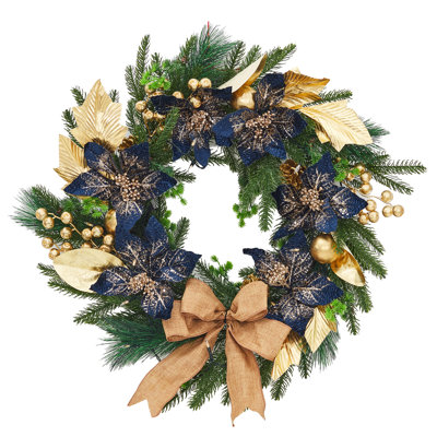 Couronne de Noël de 24 pouces pour la porte d'entrée, couronne de Noël pré-éclairée avec des arcs, des feuilles d'or et des boules décoratives