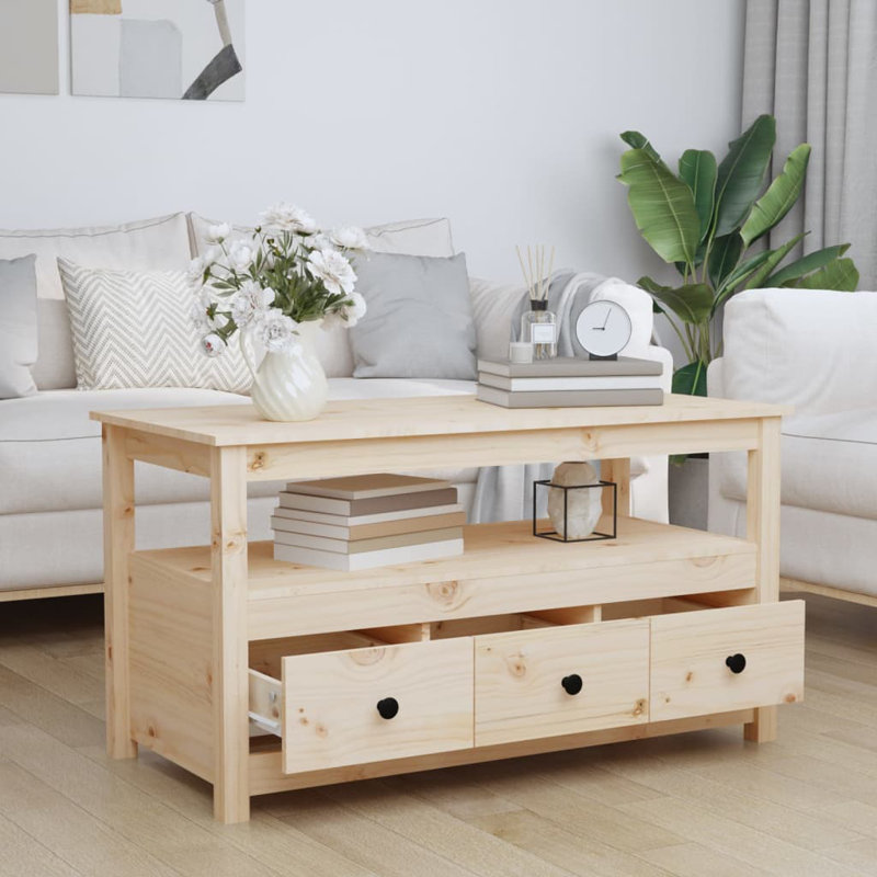 Kitron Solid Wood Four Leg Coffee Table with Storage, Brown