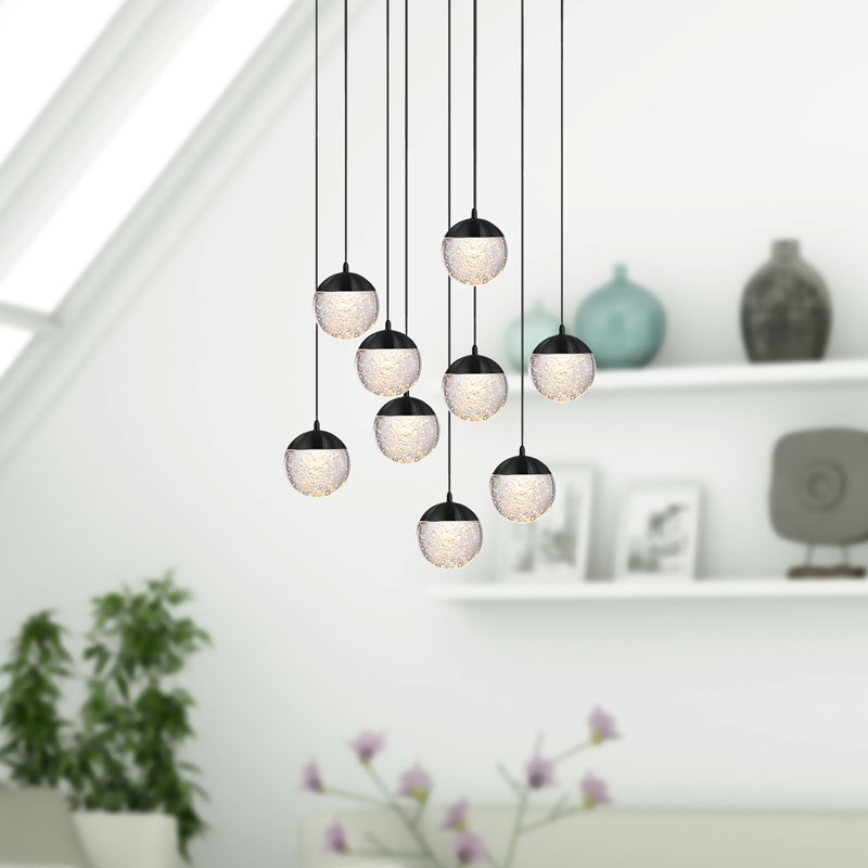 Luminaire suspendu en forme de globe à DEL 9 lumières avec accents de cristal Heatherly, Noir, noir, noir, noir