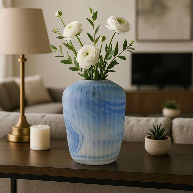 Ribbed Glass Vase With Abstract Pattern For Flower Arrangements - Modern Tall Vases Ideal For Tabletop Or Home Decor Display - Blue