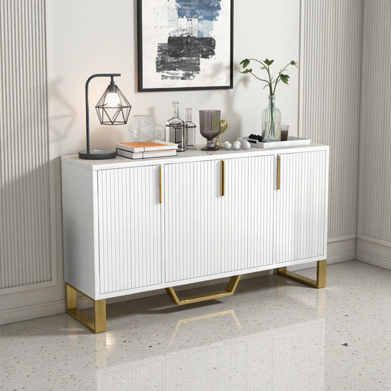 Armoire de cuisine moderne blanche à 4 portes avec poignées en métal et pieds dorés, tablettes réglables, Blanc