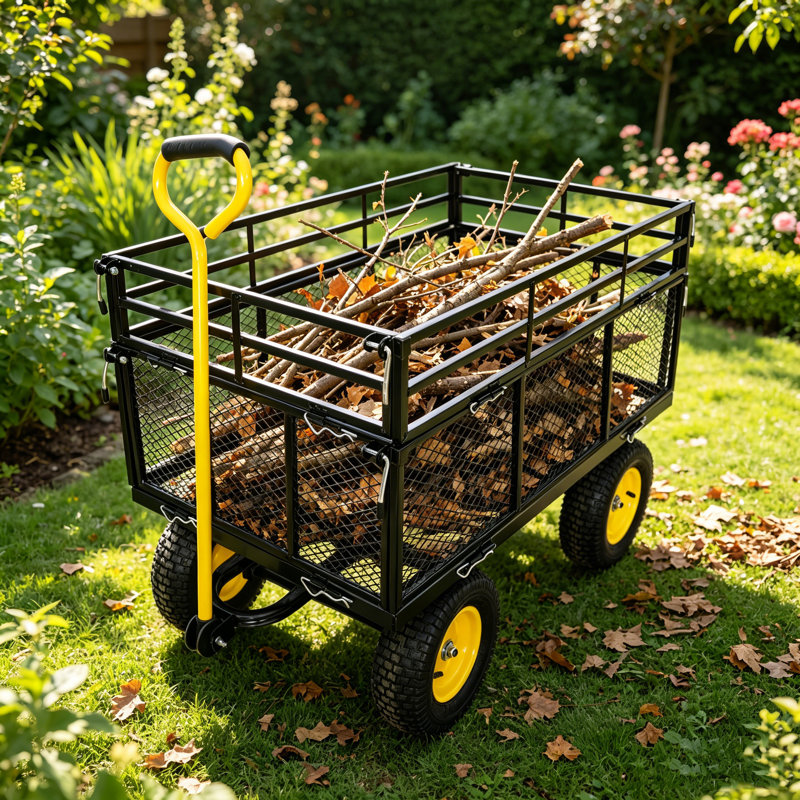 Chariot de jardin: Chariot de chariot durable conçu pour transporter facilement du bois de chauffage et des charges lourdes, avec un design utilitaire jaune et noir éclatant.