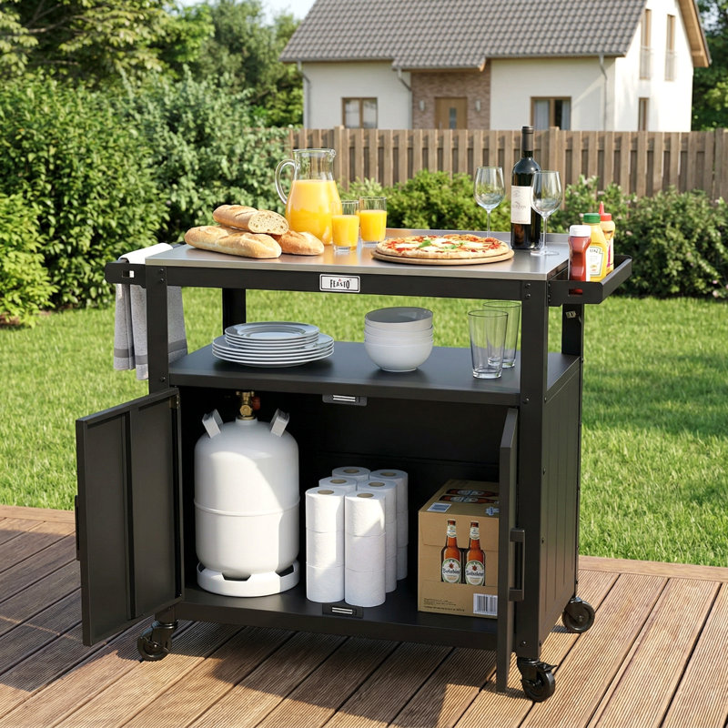 Feasto Bar Cart with Steel Frame and Stainless Steel Outer Material, Black