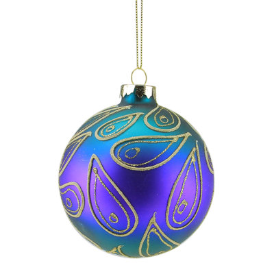 Ornement de Noël boule de verre Regal bleu mauve et doré 4 po (100 mm)