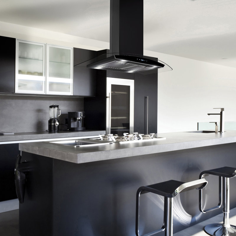 Hotte de cuisine 30 pouces convertible 343 CFM en acier inoxydable peint en noir, verre incurvé transparent et filtre à charbon