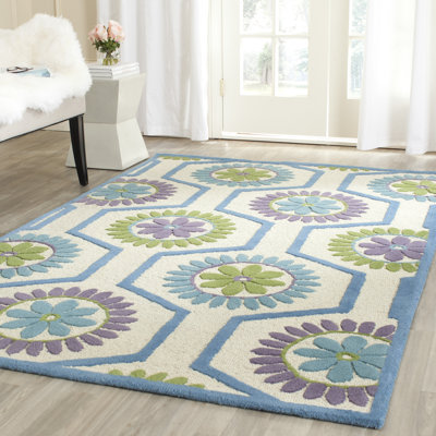Tapis ivoire / bleu en laine touffeté à la main Ilion