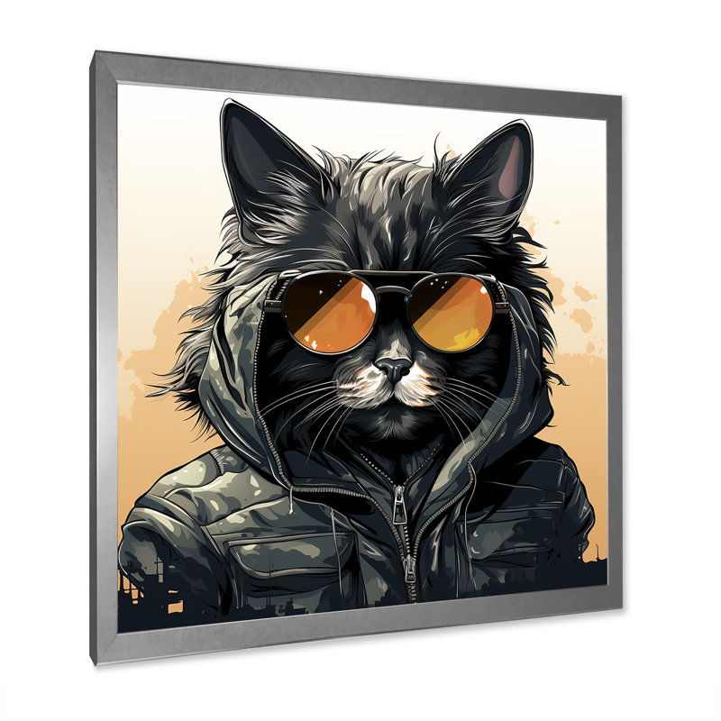 Chat noir dans des verres sur toile, H 16 po x l 16 po x P 1 po, Cadre simple argenté