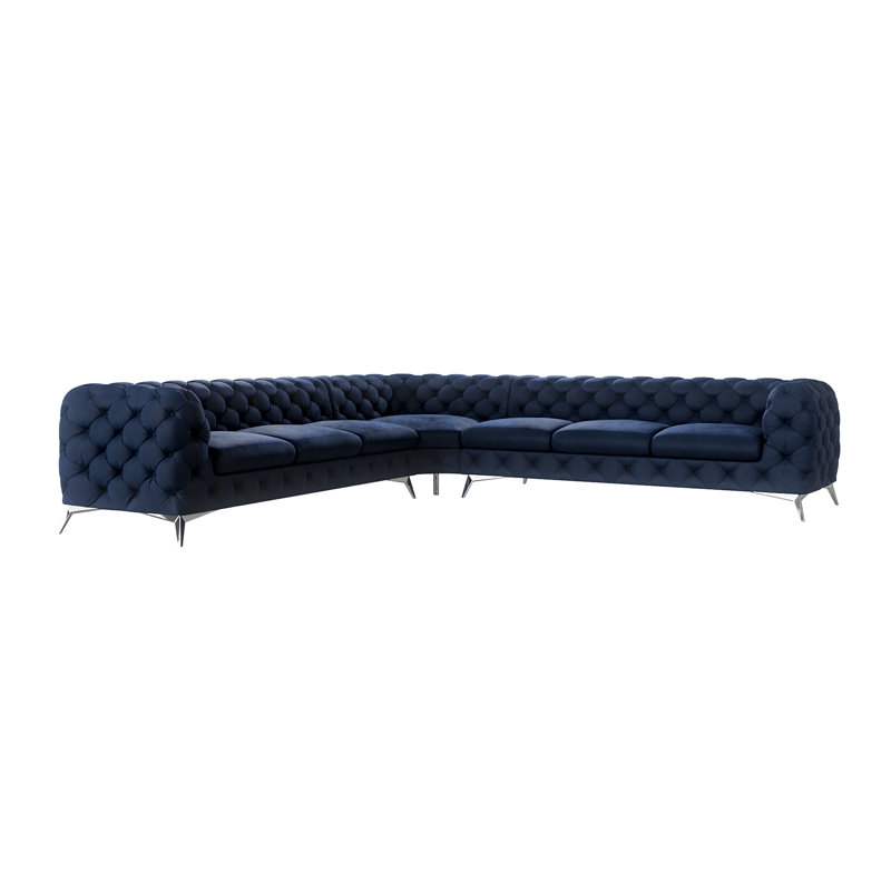 L-shape Corner Chesterfield Sofa  with Silver Metal Legs, Navy Blue