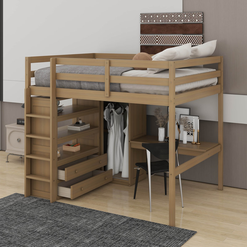 Lit mezzanine double avec bureau, garde-robe, tablettes et tiroirs, Noyer