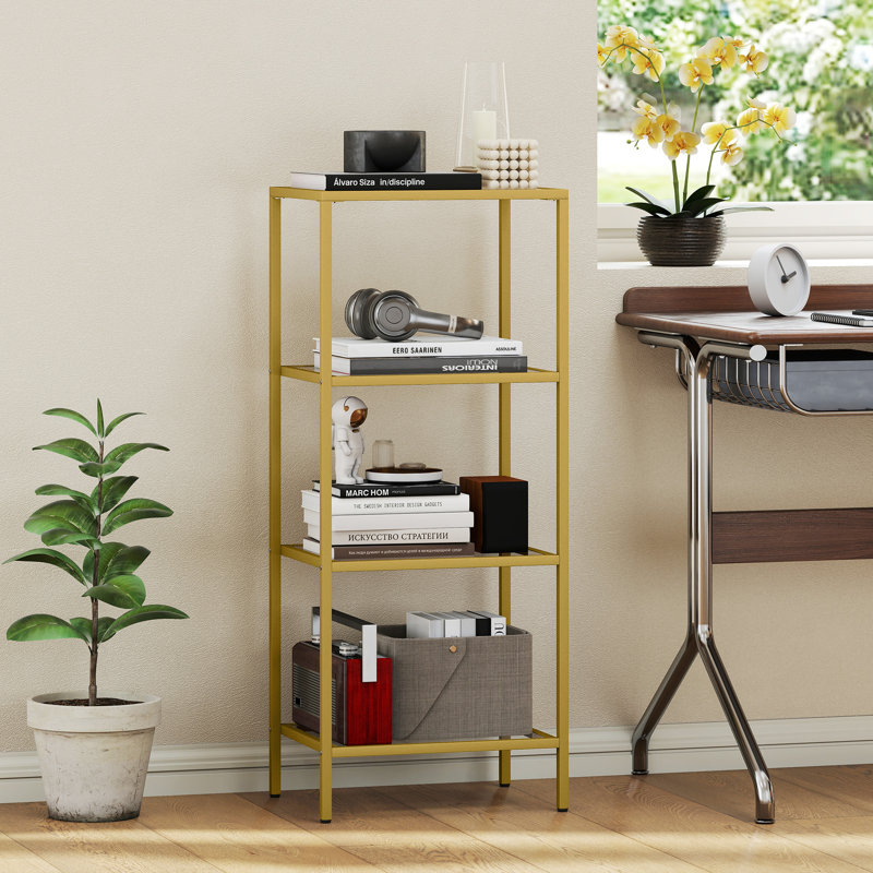 HOMCOM 4-Tier Shelving Unit Modern Glass Shelf Bookshelf for Home, Gold