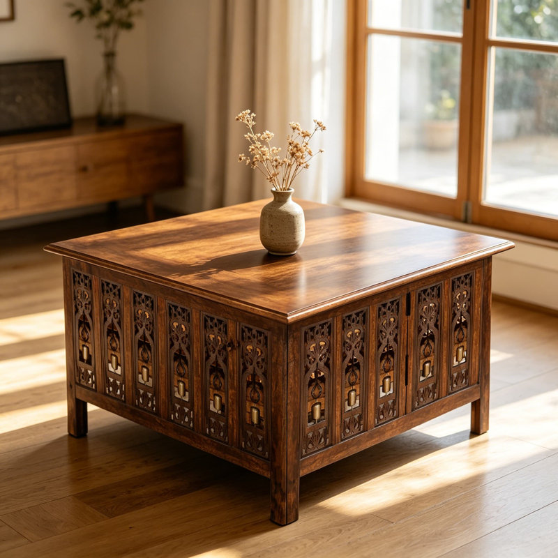 Table basse sculptée à la main en bois de manguier massif avec pieds pliables et clochettes Ghanti, finition brun antique, table centrale compacte pour petits espaces de salon, assemblage sans outils, 30,5 po x 21,5 po x 18 po