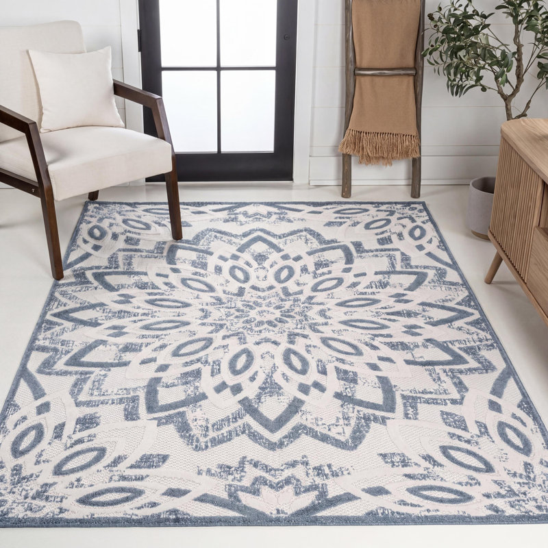 Tapis d'intérieur / extérieur Flora, Rectangle 7 pi 9 po x 10 pi, Crème / Bleu foncé