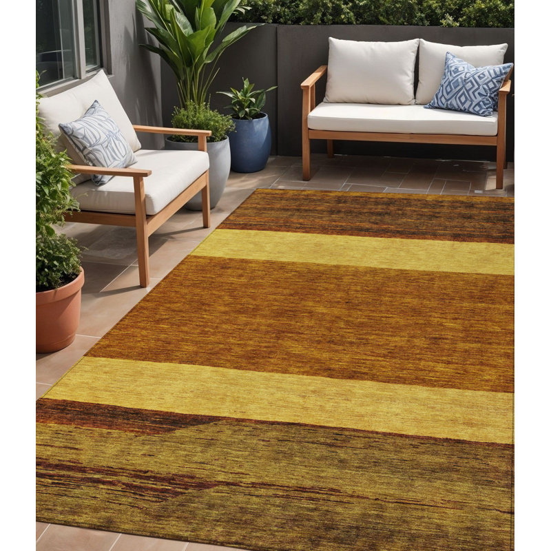 Tapis d'extérieur lavable à motif abstrait terre cuite doré et brun 5 pi x 8 pi