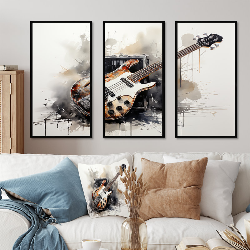 «Brown Charcoal Guitare Vibations IV», art mural musique, H 28 po x l 36 po, Cadre flottant noir