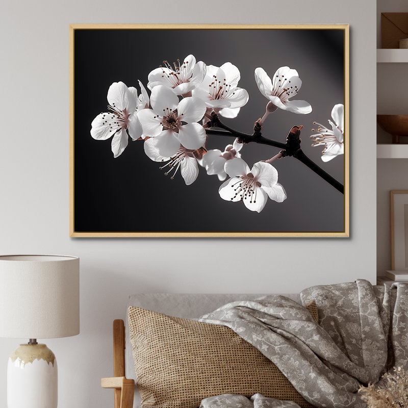 Cherry Blossom Charm In Monochrome I - Cherry Blossom Wall Decor, Cadre naturel flottant, H 16 po x l 32 po x P 1 po